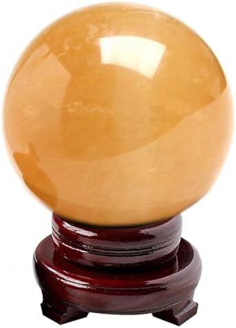 Natural Yellow Calcite Quartz Healing Crystal Sphere with Wooden Stand