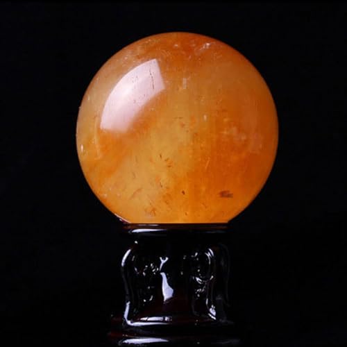 Natural Yellow Calcite Quartz Healing Crystal Sphere with Wooden Stand