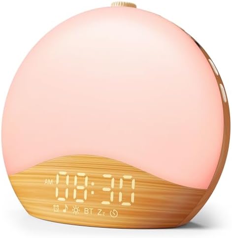 ecozy Wood Grain Sunrise Alarm Clock with 26 Sounds and 17 Night Lights