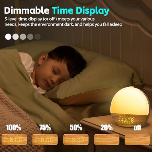 Wood Grain Sunrise Alarm Clock with 25 Sounds and 17 Lights