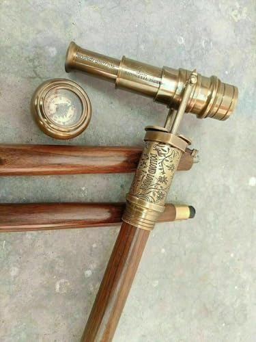 Antique Brass Handle Wooden Walking Stick with Engraved Design