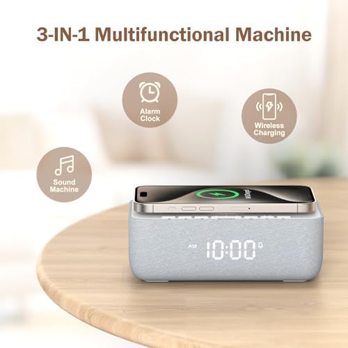 REACHER 15W Fast Wireless Charging Alarm Clock with White Noise Machine