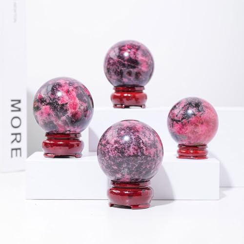 Natural Rhodonite Crystal Ball with Wood Stand