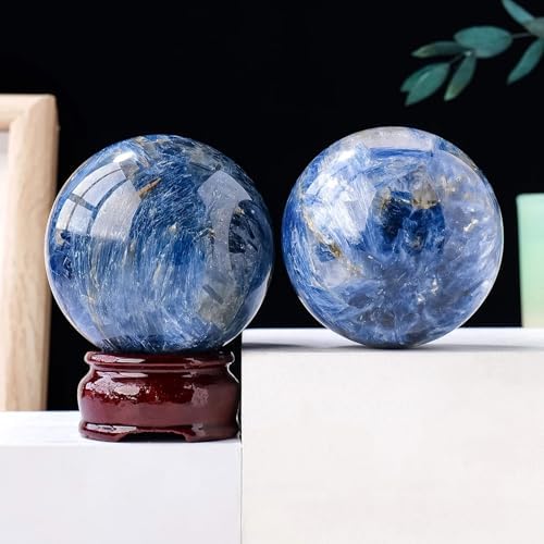 Blue Kyanite Crystal Sphere with Wood Stand for Reiki Meditation