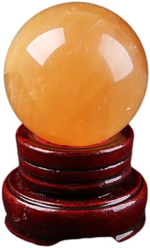 Yellow Calcite Quartz Crystal Sphere with Wooden Stand 9cm