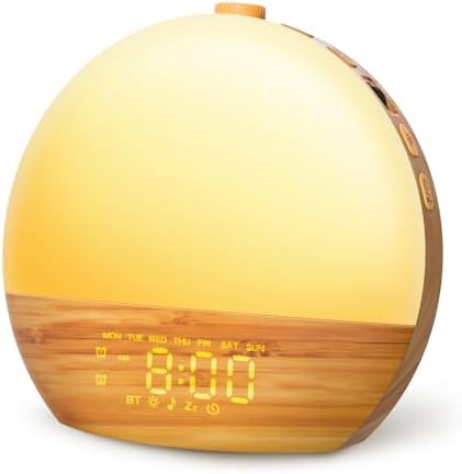 Wood Grain Sunrise Alarm Clock with 25 Sounds and 17 Lights