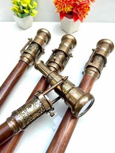 Victorian Engraved Brass Walking Cane with Telescope and Compass