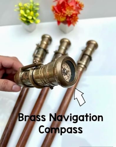 Victorian Engraved Brass Walking Cane with Telescope and Compass