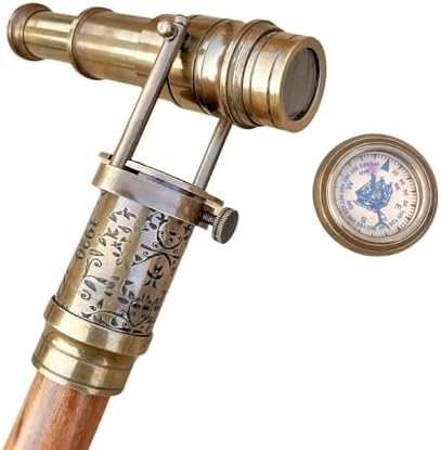 Engraved Brass Walking Stick with Telescope and Compass