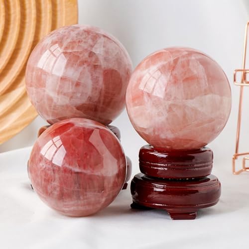 Red Calcite Sphere Ball with Wood Stand for Reiki Meditation and Healing