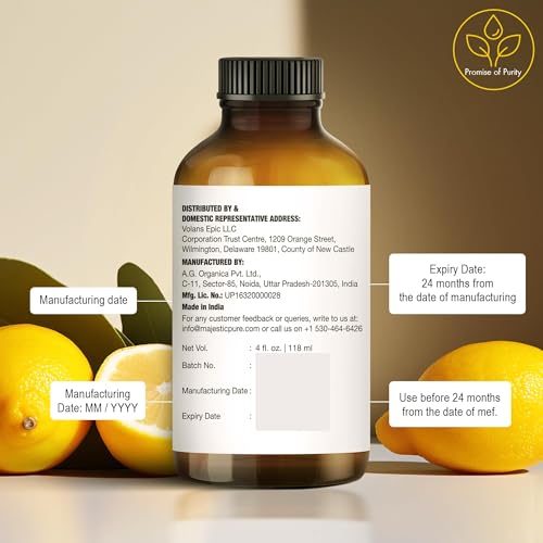 Majestic Pure Lemon Essential Oil 4 Fl Oz with Glass Dropper