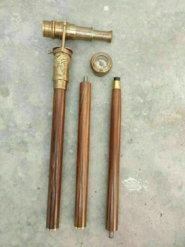 Antique Brass Handle Wooden Walking Stick with Engraved Design