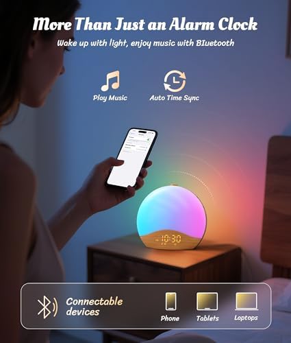 ecozy Wood Grain Sunrise Alarm Clock with 26 Sounds and 17 Night Lights
