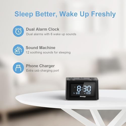 REACHER Dual Alarm Clock with Sleep Sound Machine and USB Charger