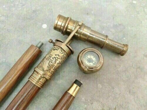 Antique Brass Handle Wooden Walking Stick with Engraved Design