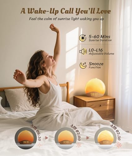 ecozy Wood Grain Sunrise Alarm Clock with 26 Sounds and 17 Night Lights