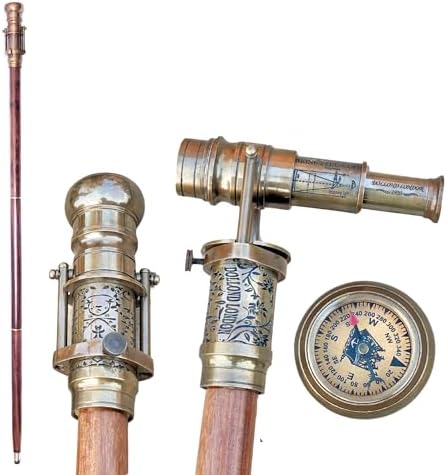 Engraved Brass Walking Stick with Telescope and Compass