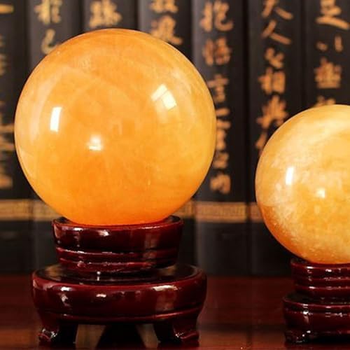 Natural Yellow Calcite Quartz Healing Crystal Sphere with Wooden Stand