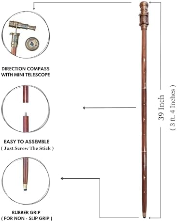 Engraved Brass Walking Stick with Telescope and Compass