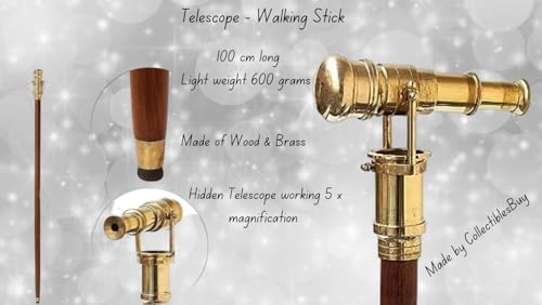 Wooden Walking Stick with Brass Handle and Telescope