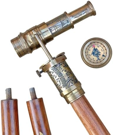 Engraved Brass Walking Stick with Telescope and Compass