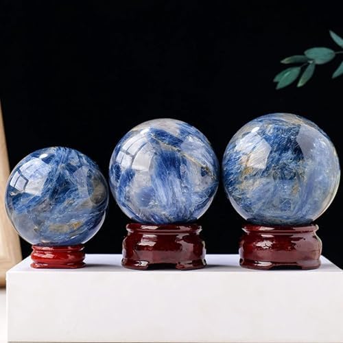Blue Kyanite Crystal Sphere with Wood Stand for Reiki Meditation