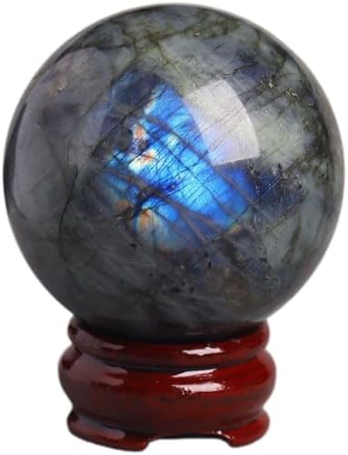 Natural Labradorite Crystal Sphere with Wooden Stand for Feng Shui Healing