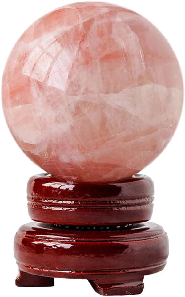Red Calcite Sphere Ball with Wood Stand for Reiki Meditation and Healing
