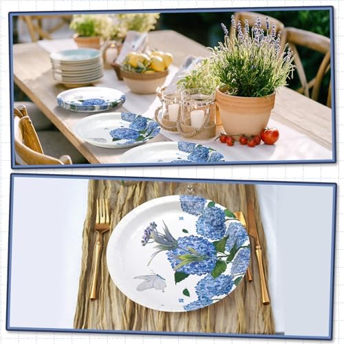 50 Pcs Blue Hydrangea Oval Paper Plates for Summer Parties