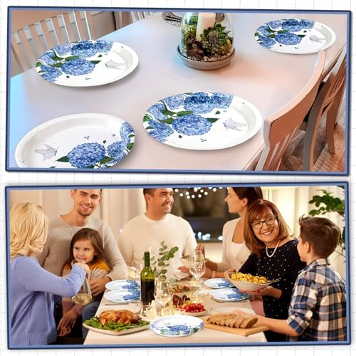50 Pcs Blue Hydrangea Oval Paper Plates for Summer Parties