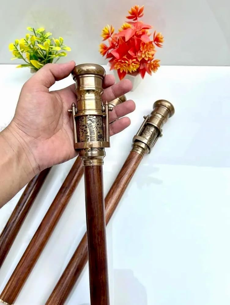Victorian Engraved Brass Walking Cane with Telescope and Compass