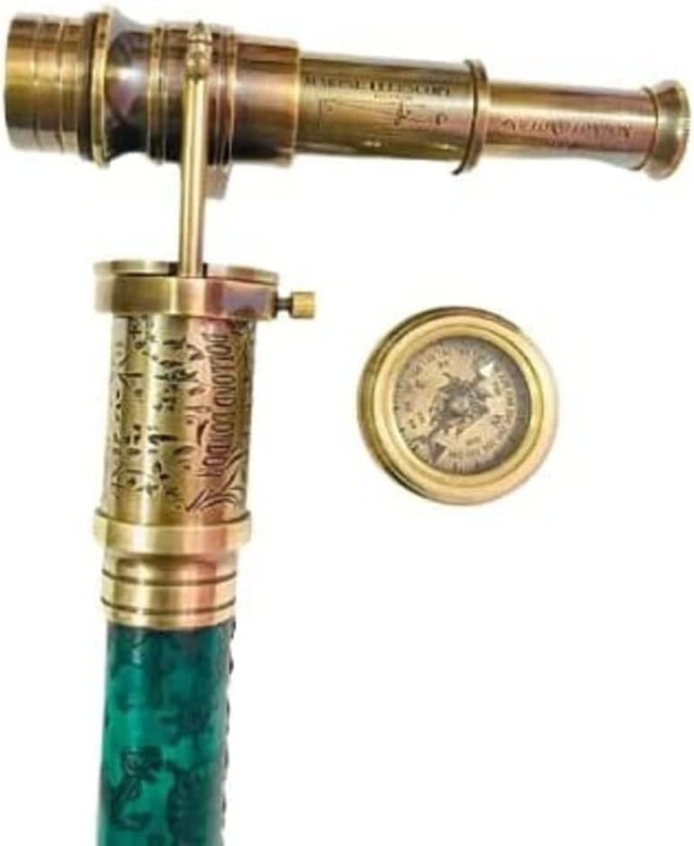 Rynass Engraved Victorian Telescope Compass Walking Stick Cane