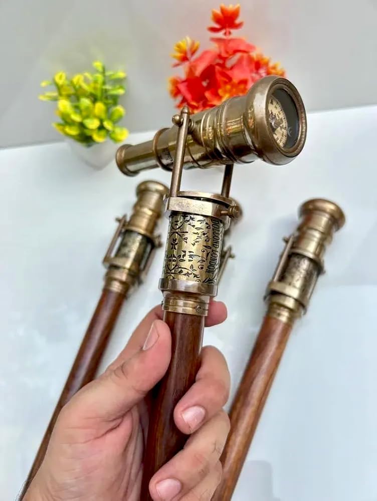 Victorian Engraved Brass Walking Cane with Telescope and Compass