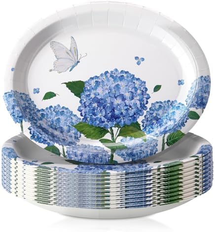 50 Pcs Blue Hydrangea Oval Paper Plates for Summer Parties