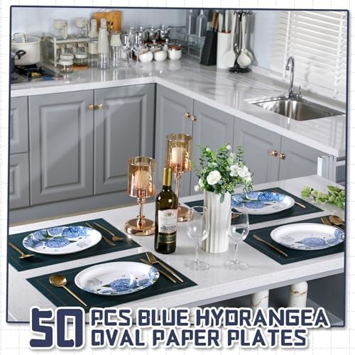 50 Pcs Blue Hydrangea Oval Paper Plates for Summer Parties