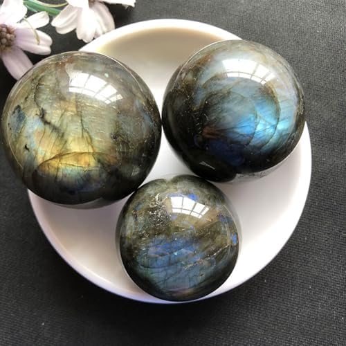 Natural Labradorite Crystal Sphere with Wooden Stand for Feng Shui Healing
