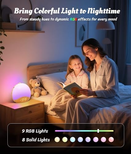 ecozy Wood Grain Sunrise Alarm Clock with 26 Sounds and 17 Night Lights