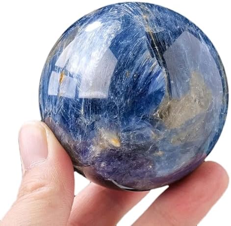 Blue Kyanite Crystal Sphere with Wood Stand for Reiki Meditation