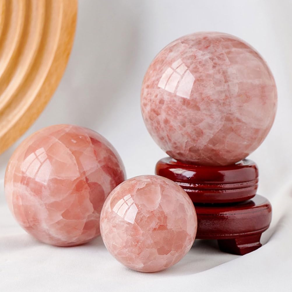 Red Calcite Sphere Ball with Wood Stand for Reiki Meditation and Healing