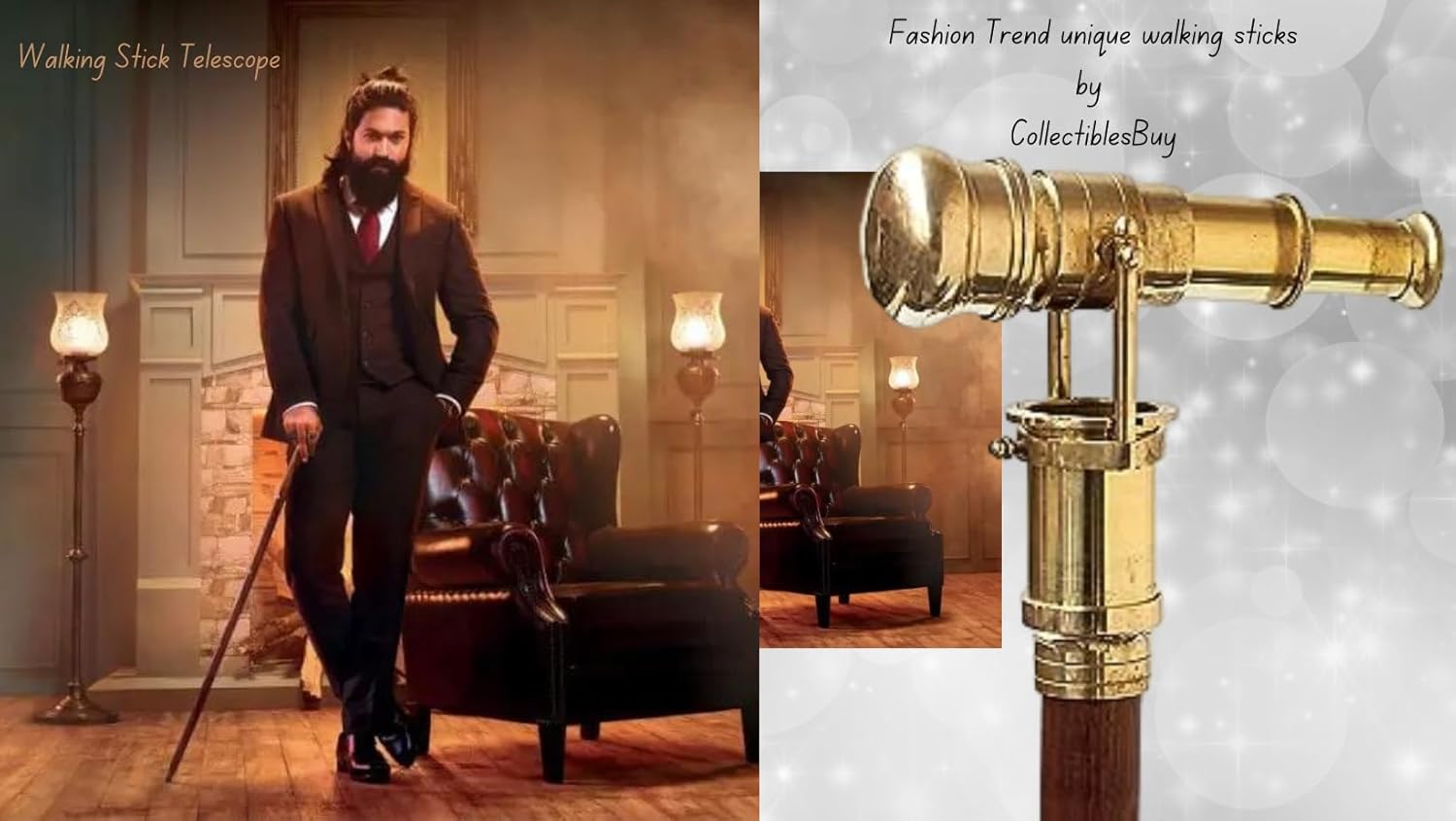 Wooden Walking Stick with Brass Handle and Telescope