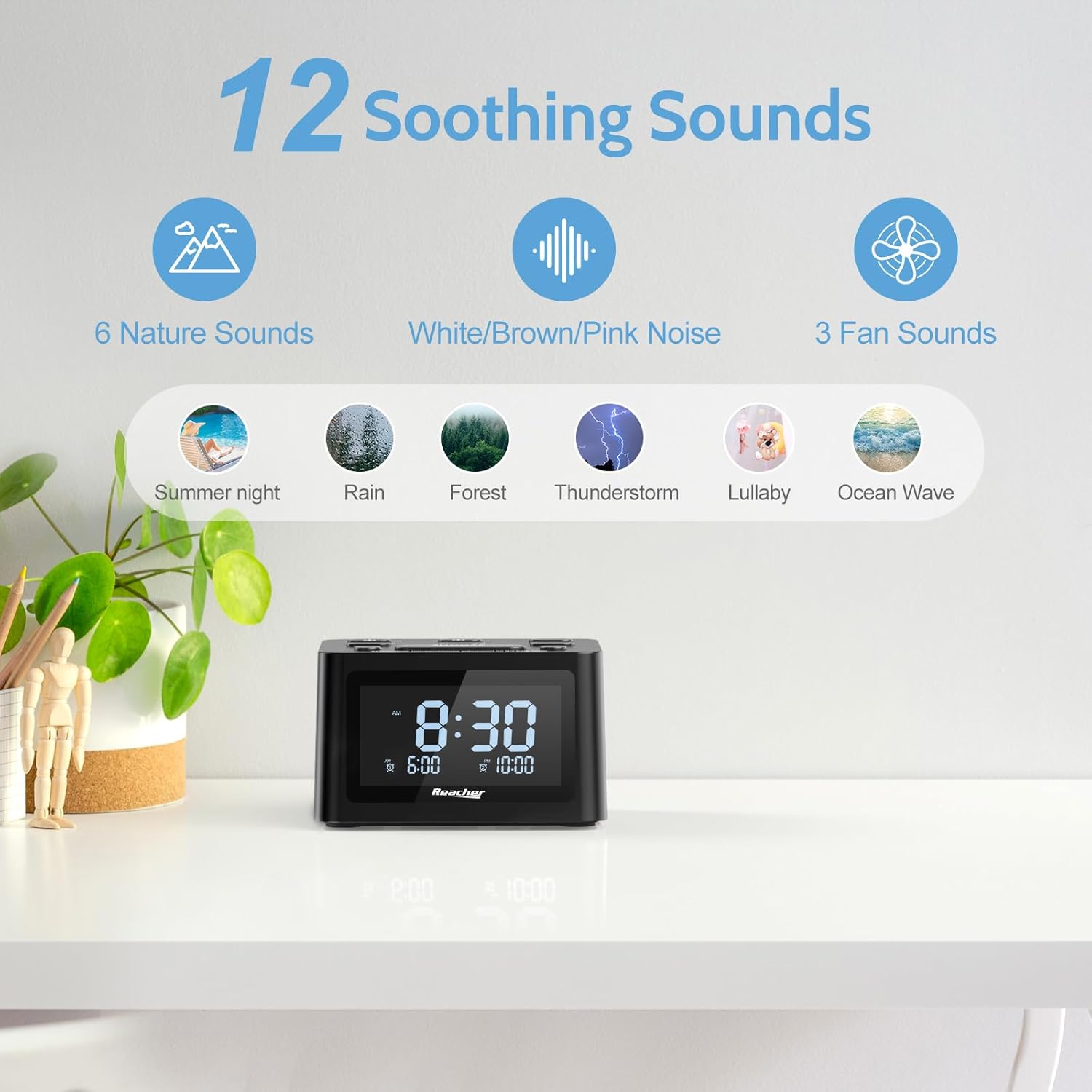 REACHER Dual Alarm Clock with Sleep Sound Machine and USB Charger