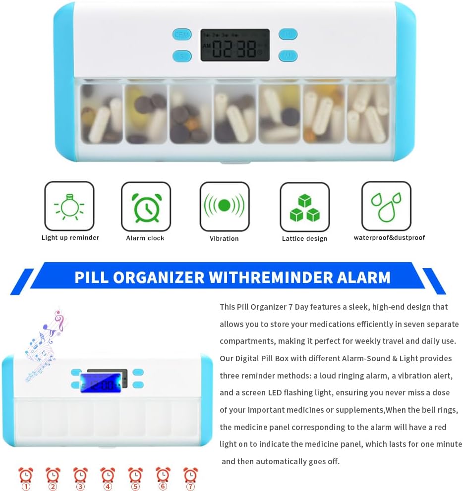 Smart Pill Organizer with 7 Alarms and LED Flash