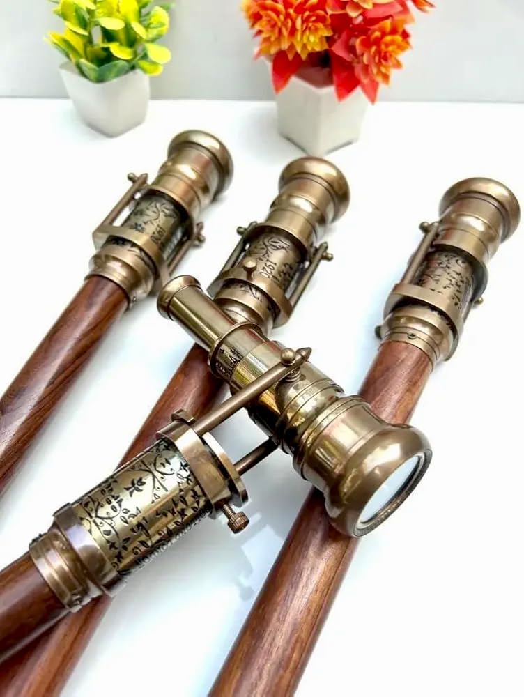 Victorian Engraved Brass Walking Cane with Telescope and Compass