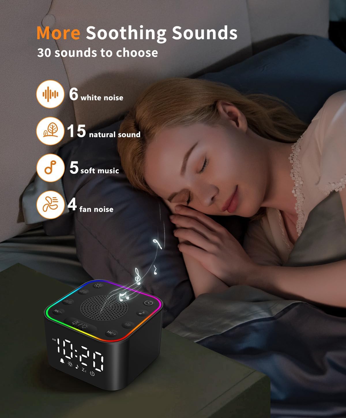 White Noise Sound Machine with Digital Clock and RGB Night Light