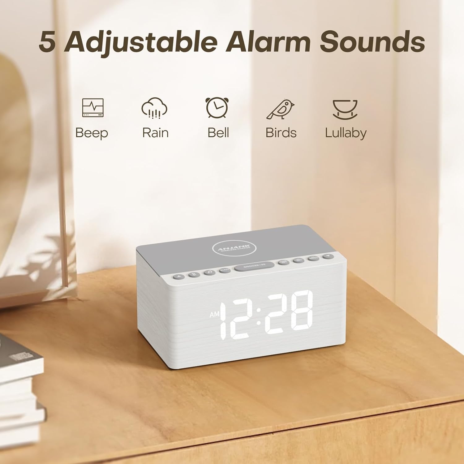 ANJANK Wooden Sound Machine Alarm Clock with Sleep Timer