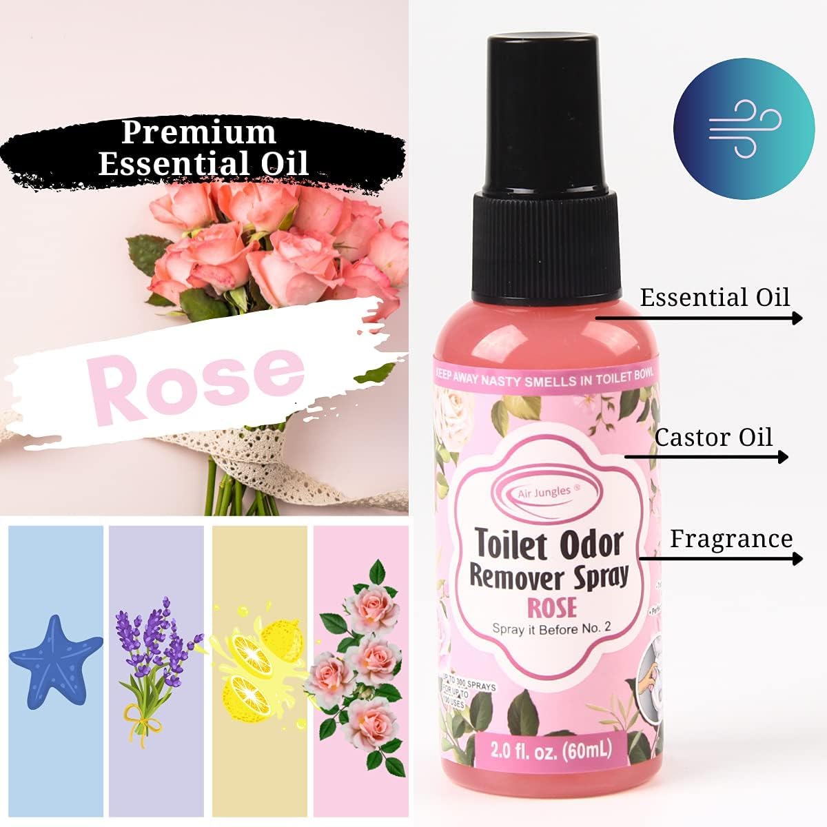 Air Jungles Toilet Poop Odor Eliminator Spray with Rose Scent