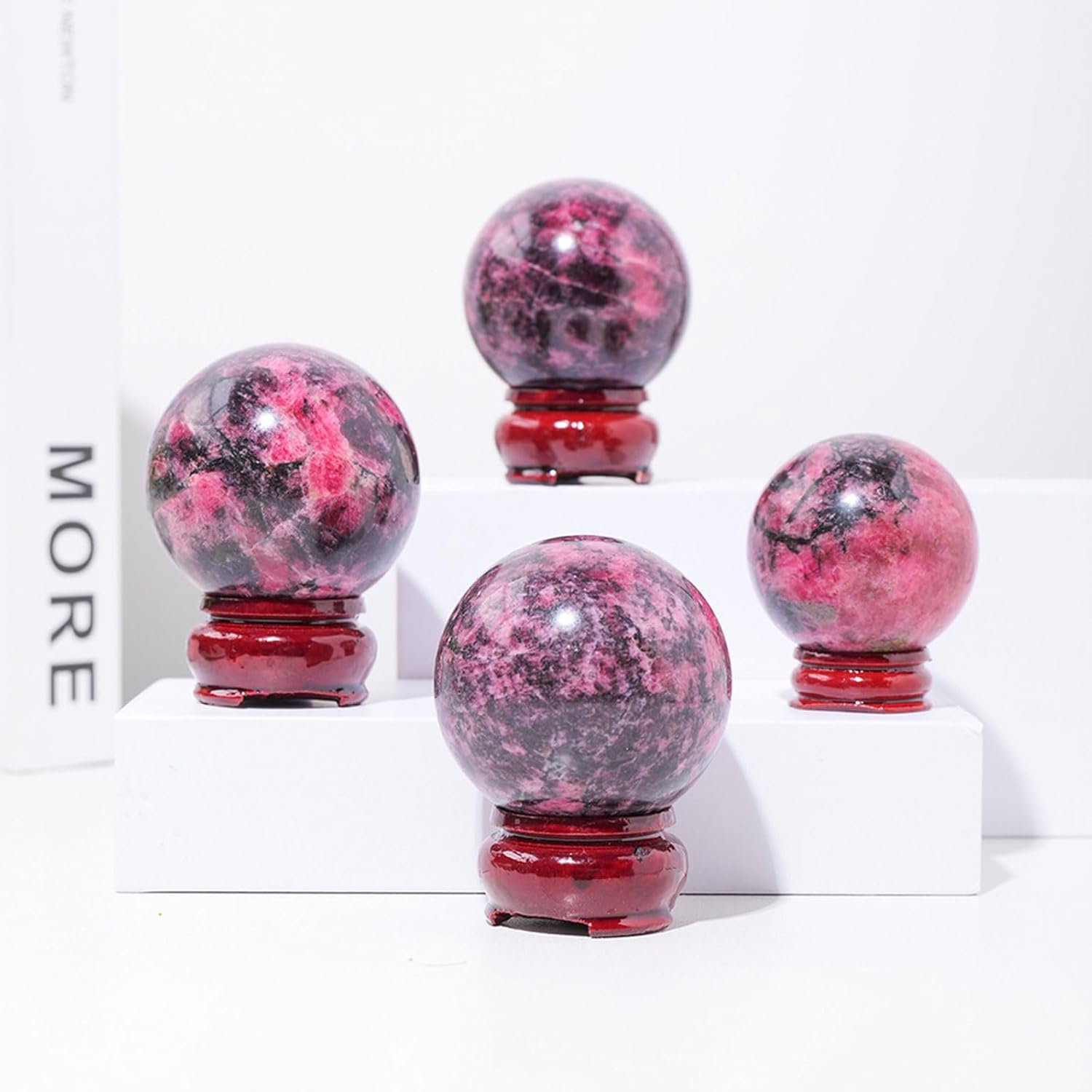Natural Rhodonite Crystal Ball with Wood Stand
