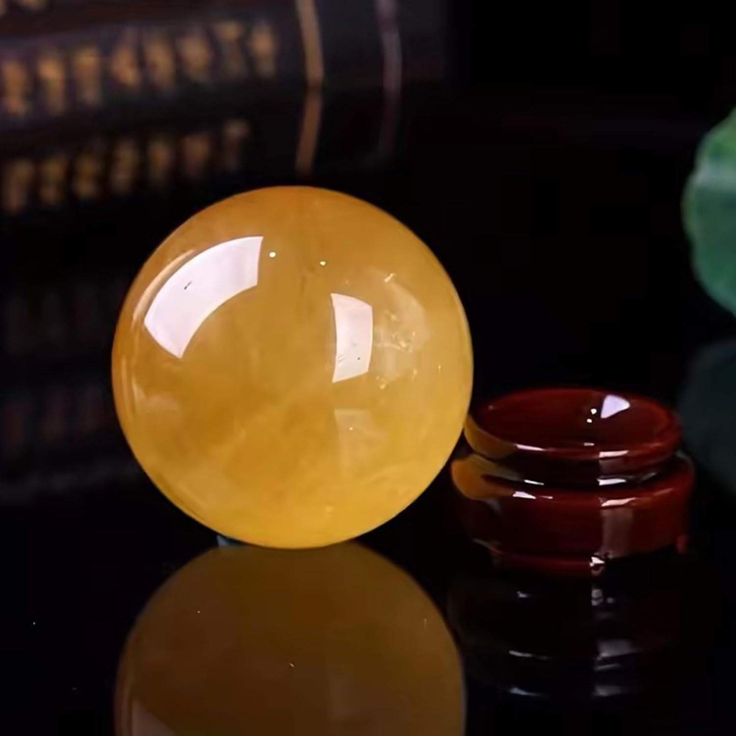 Yellow Calcite Quartz Crystal Sphere with Wooden Stand 9cm