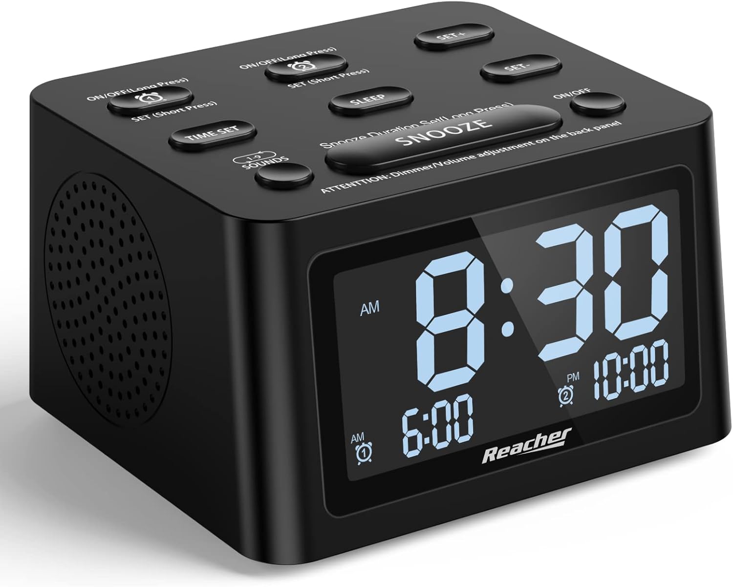 REACHER Dual Alarm Clock with Sleep Sound Machine and USB Charger