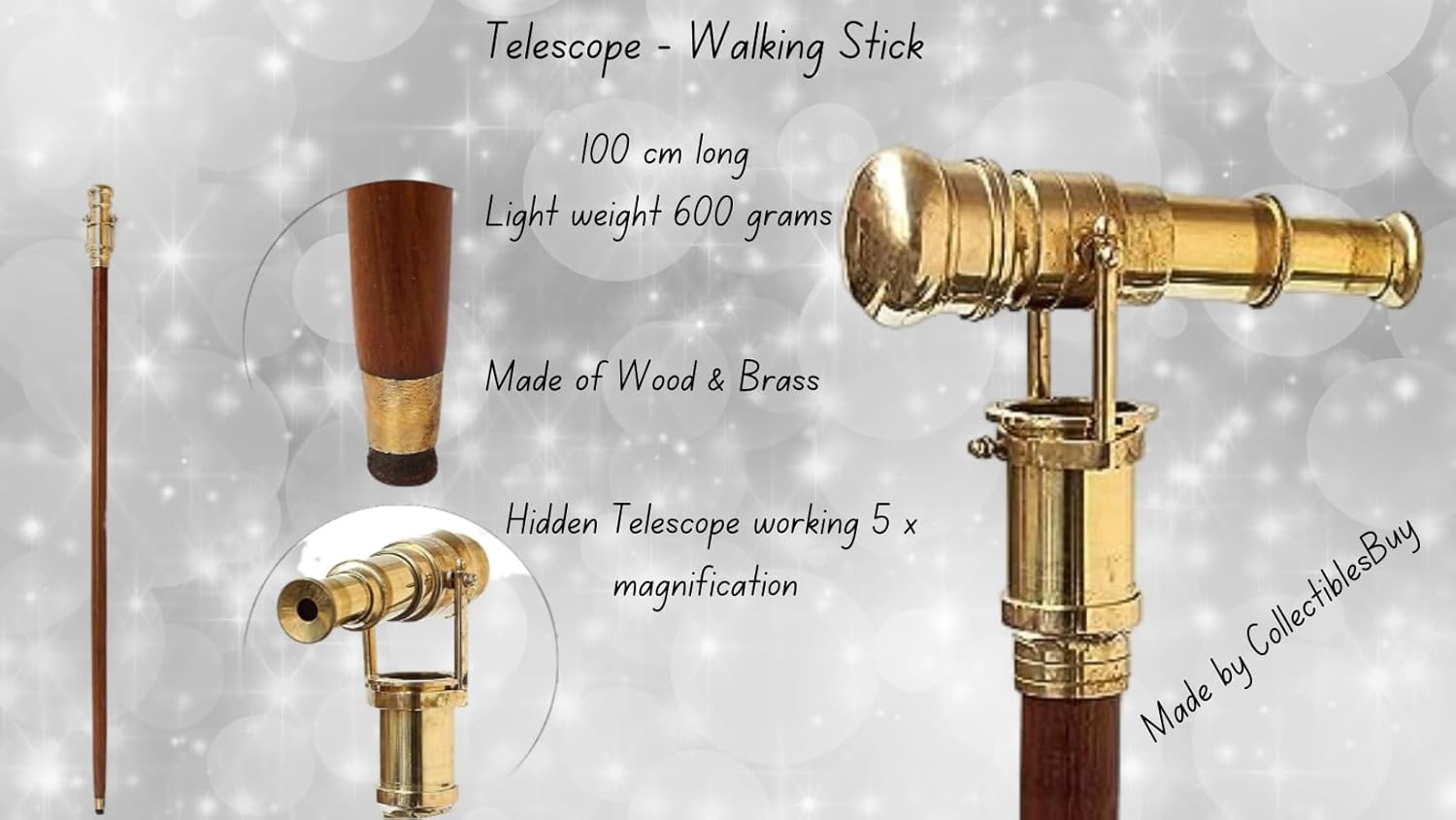 Wooden Walking Stick with Brass Handle and Telescope